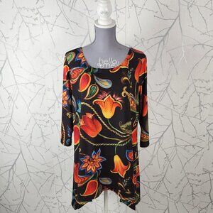 Lbisse Black Artsy Floral Print Stretch Knit Handkerchief Hem Tunic